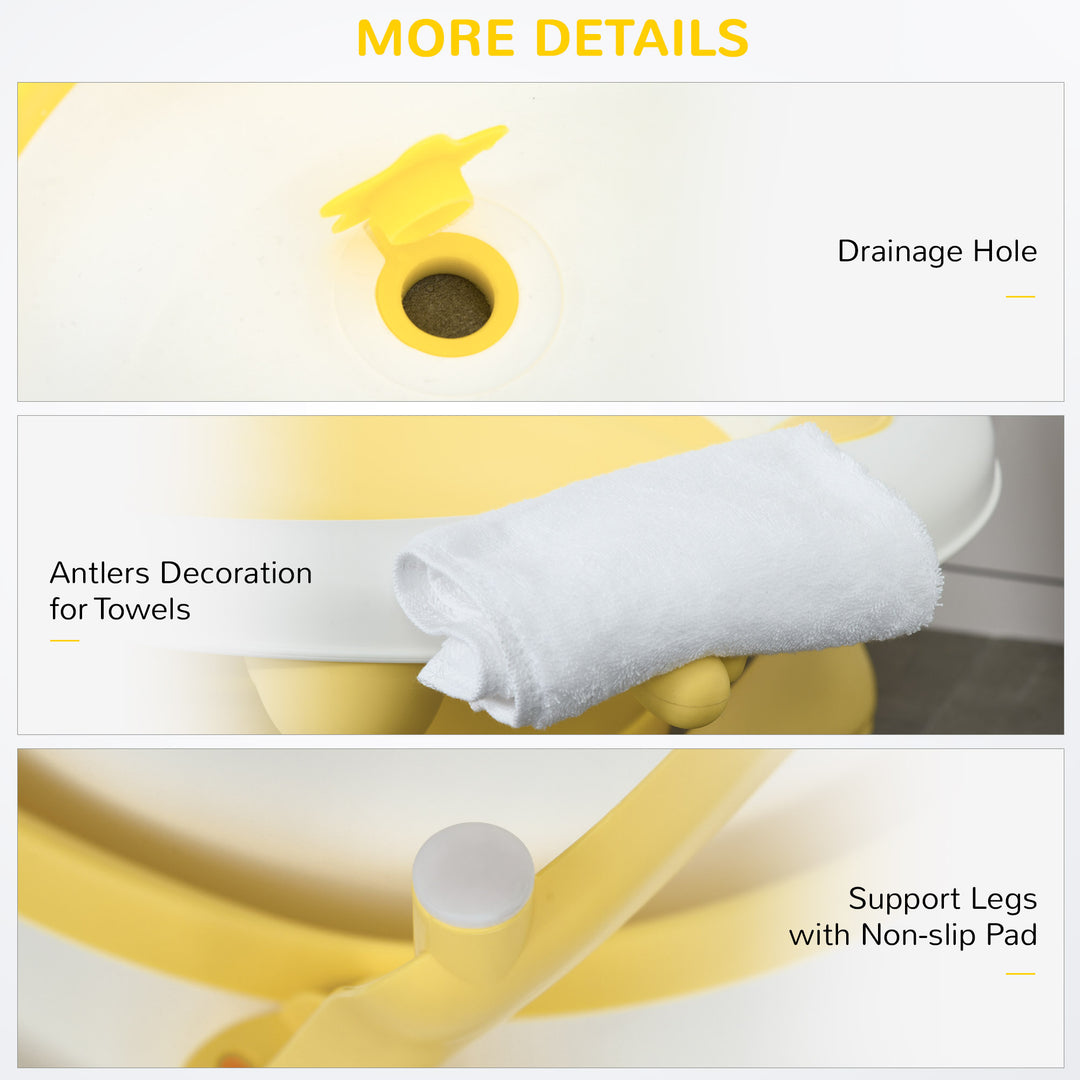 Foldable Baby Bathtub Set, Collapsible Bath Tub with Thermostatic Water Plug, Non-Slip Support, Cushion Pad, Drain Plugs, for Newborn to 3 Years - Yellow