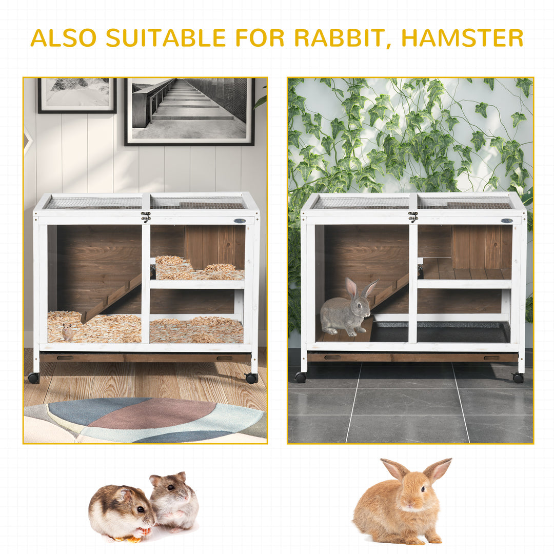 Wooden Rabbit Hutch, Bunny Cage w/ Tray, Ramp, Openable Roof, Wheels, 91.5 x 53.3 x 73cm - Brown