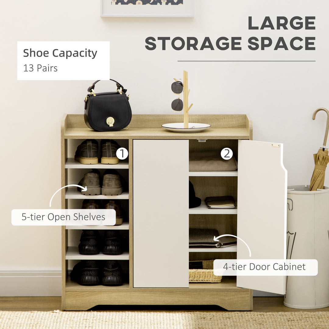 HOMCOM Shoe Cabinet with Double Doors & Open Shelving, 13 Pair Footwear Organiser for Hallways, Natural & White | Aosom UK