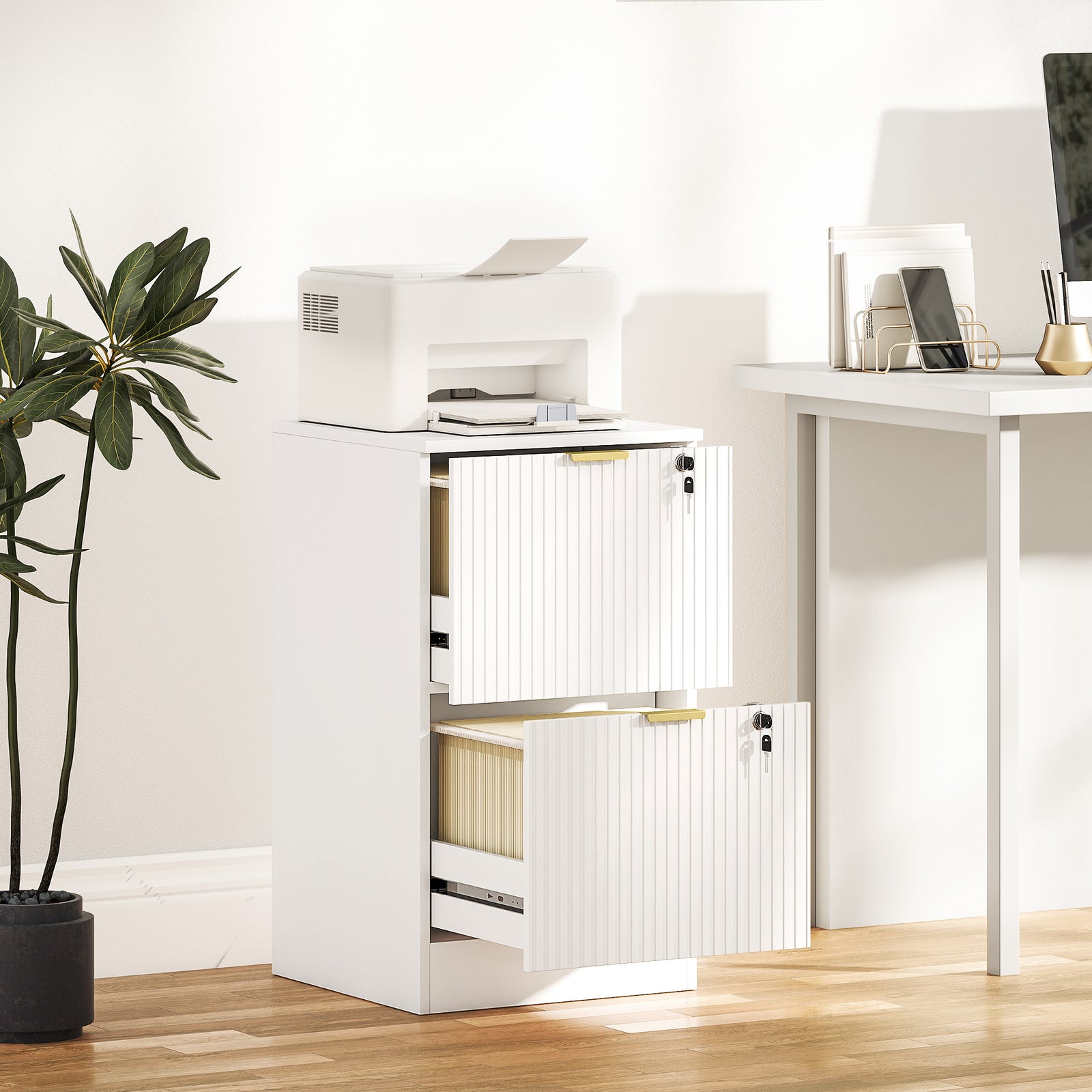 Filing Cabinet, Fluted Vertical File Cabinet with 2 Lockable Drawers a