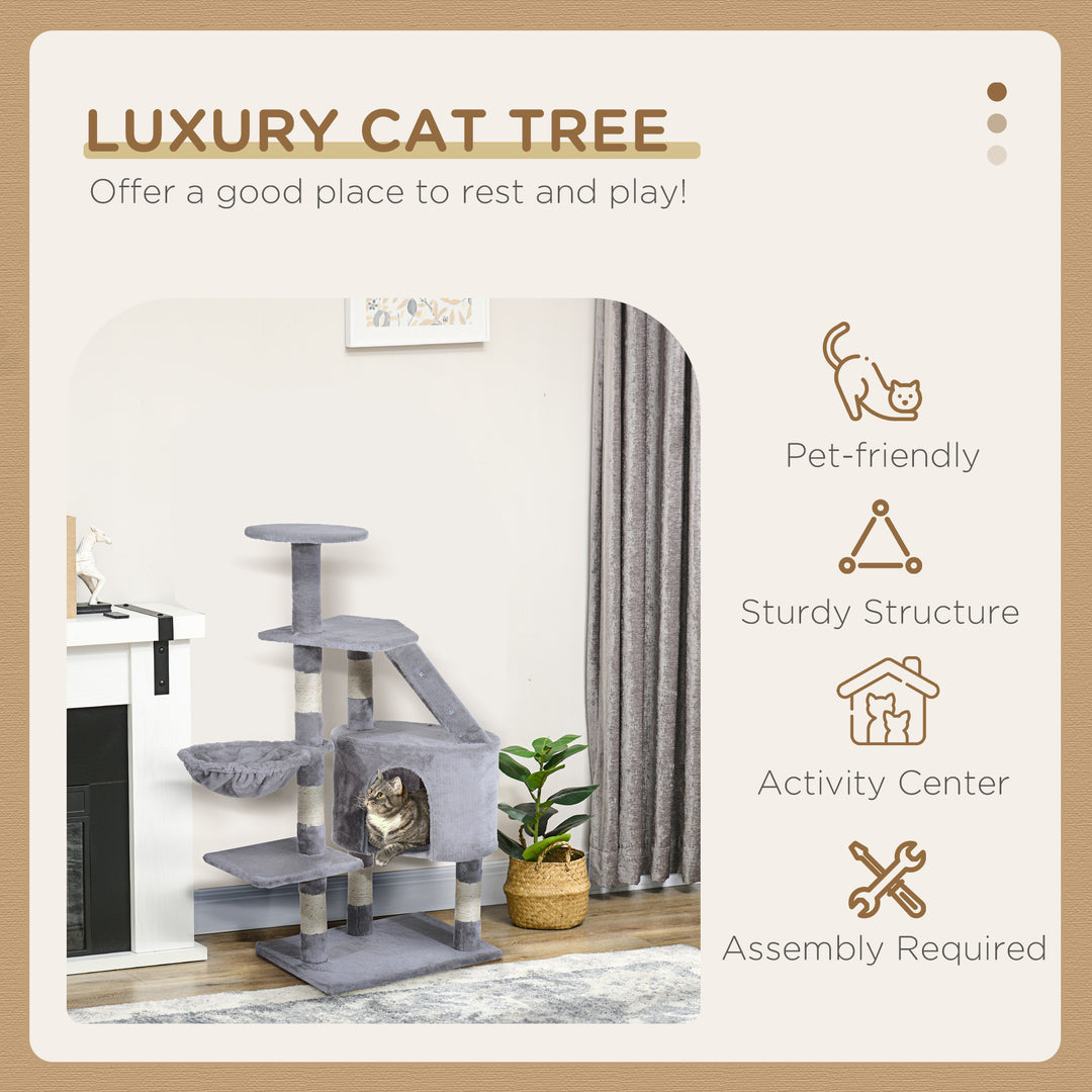 PawHut Cat Tree with Scratching Post, Kitten Activity Centre, Play House, Pet Furniture, 125cm, Grey | Aosom UK