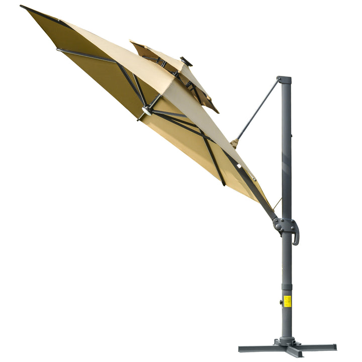 3m Cantilever Parasol w/ Solar Lights Power Bank Base 360° Spin Khaki