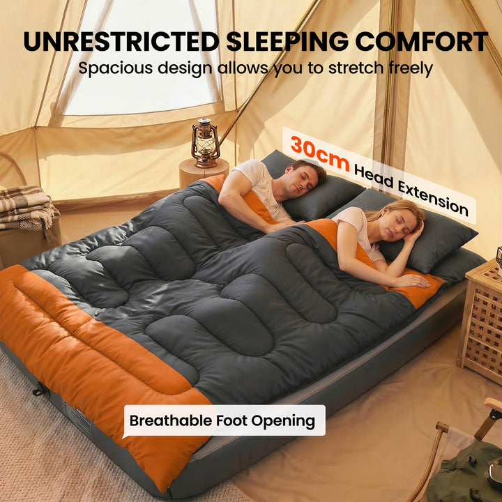 Double Sleeping Bag with 2 Pillows, 220 x 160 cm Extra-Large Sleeping 