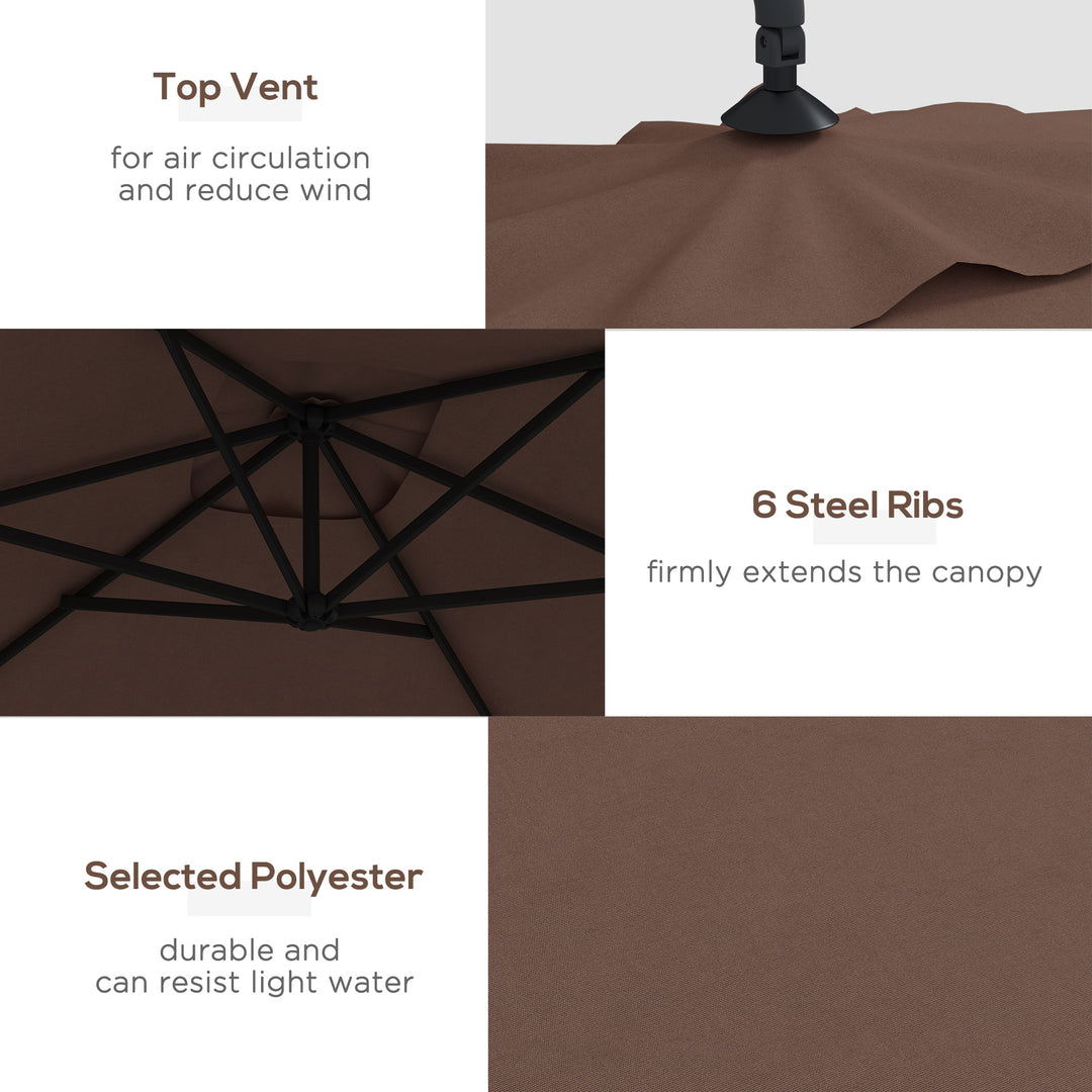 3m Square Canopy Cantilever Parasol, with Cross Base - Brown