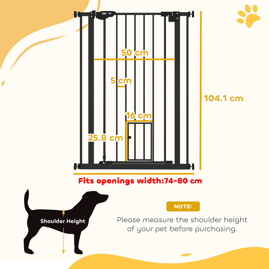 Extra Tall Pet Gate, Indoor Dog Safety Gate, with Cat Flap, Auto Close, 74-80cm Wide - Black
