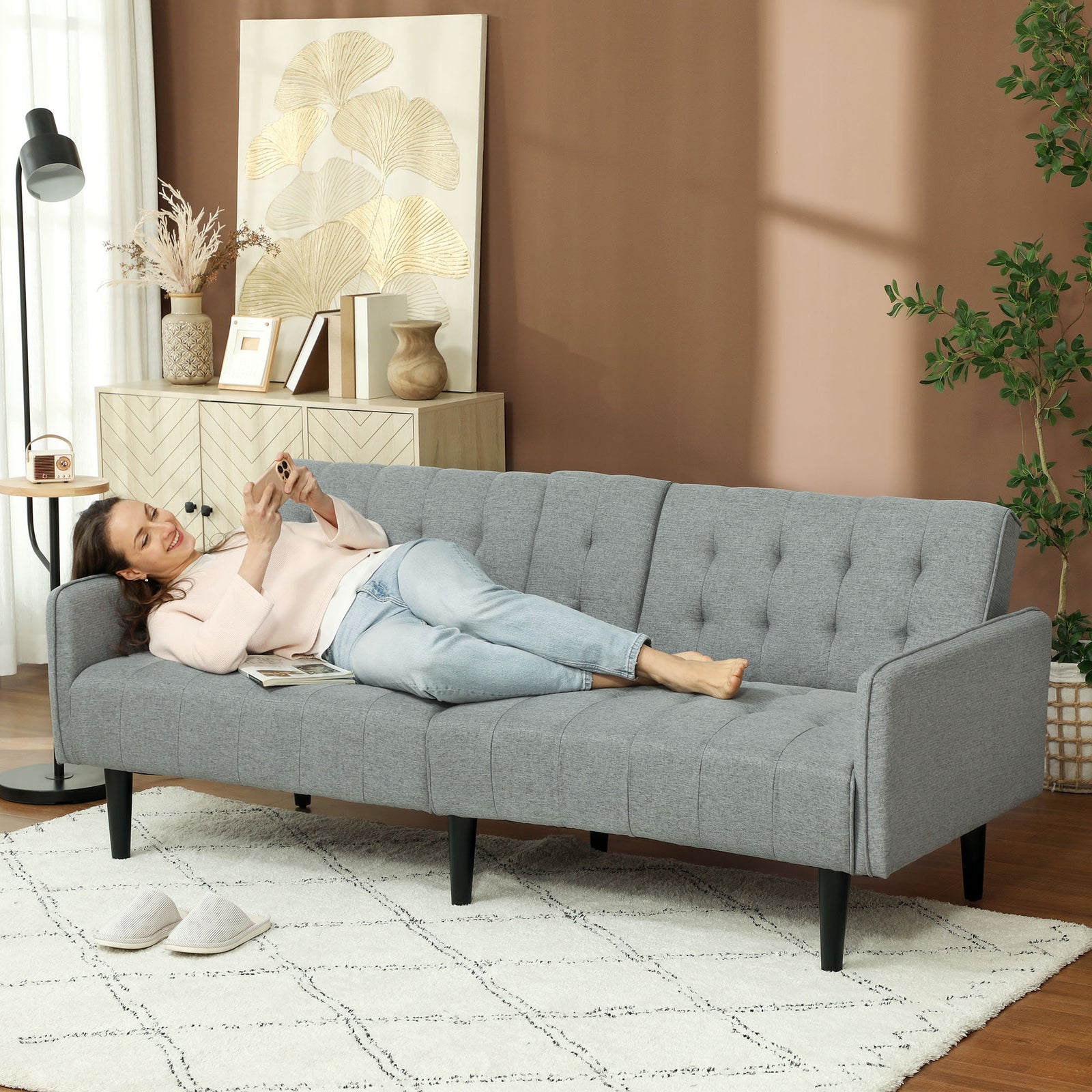 Three-Seater Sofa Bed, with Cupholders - Light Grey