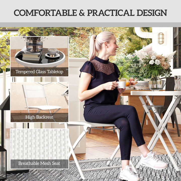 3 Pieces Outdoor Bistro Set, Glass Top Outdoor Table and 2 Folding Chairs with Protecting Feet, White