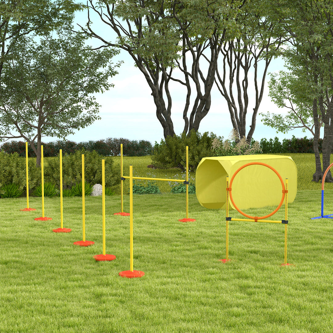 Dog Agility Equipment Portable Pet Training Obstacle Set for Dogs 5 Pieces w/ Adjustable High Jumping Pole, Jumping Ring, Weave Poles, Tunnel