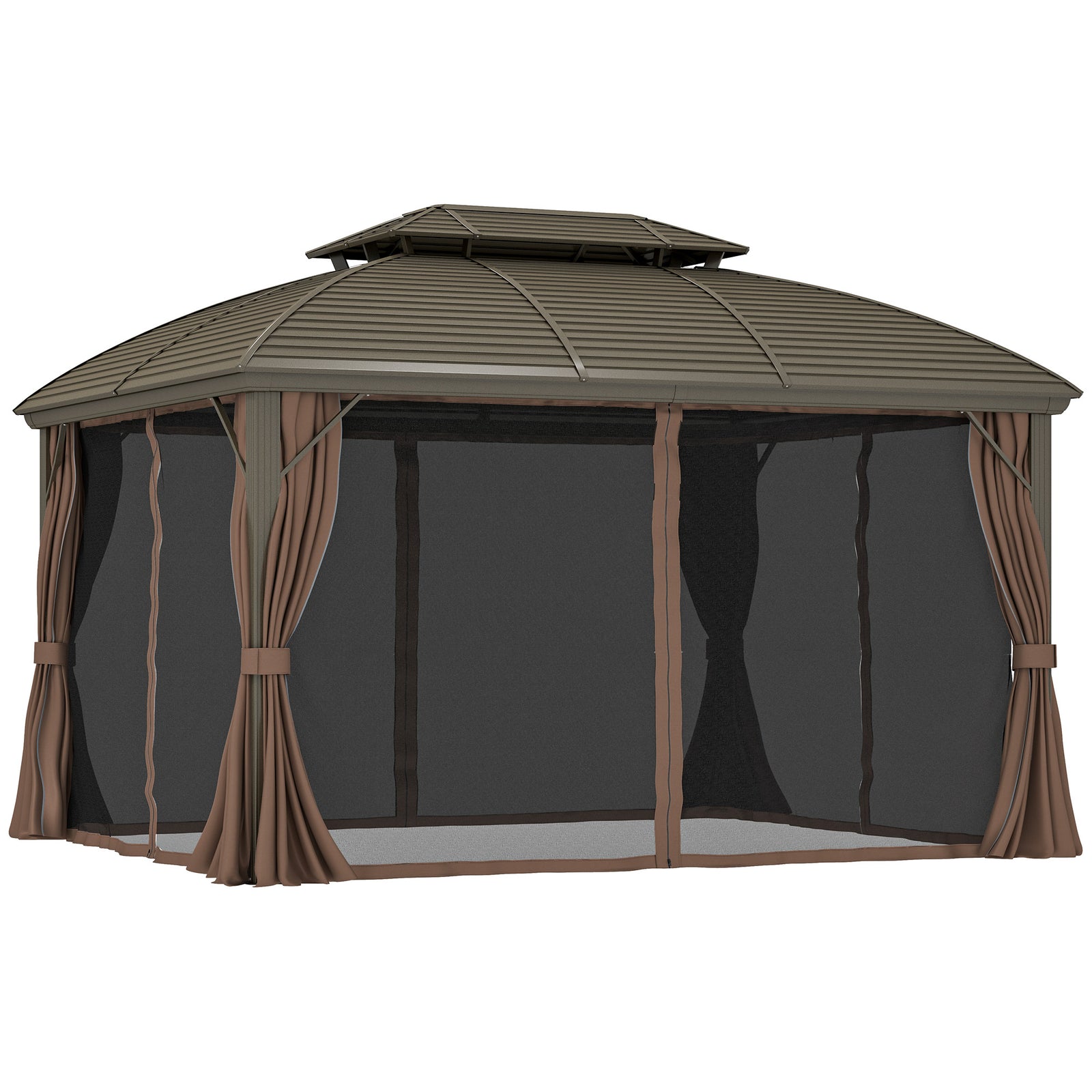 3.65 x 3(m) Hardtop Steel Gazebo Canopy with Aluminium Frame, Double Roof, Net Sidewalls and Curtains, Coffee