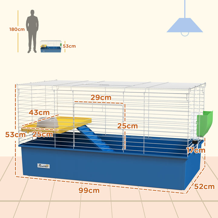 PawHut Chinchillas Small Rabbit Guinea Pig Small Animal Cage, Pet Playhouse, with Platform, Ramp, 99 x 52 x 53cm, Blue | Aosom UK