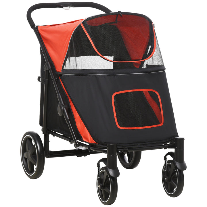 PawHut Pet Stroller with Universal Front Wheels, Shock Absorber, One Click Foldable Dog Cat Carriage with Brakes, Storage Bags, Red | Aosom UK