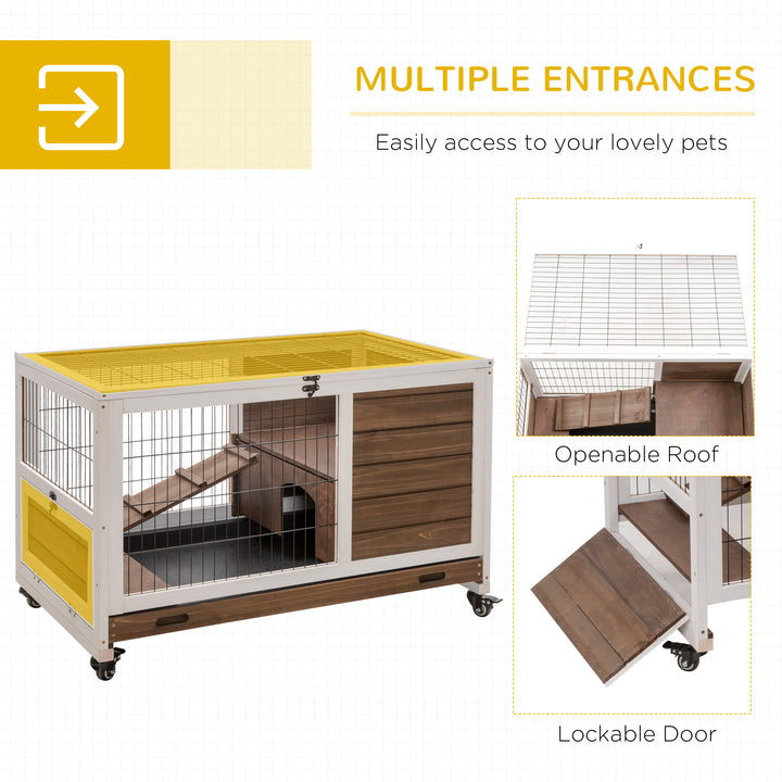 Wooden Guinea Pig Hutch, 2-Floor Bunny Cage w/ Enclosed Run Area, Brown