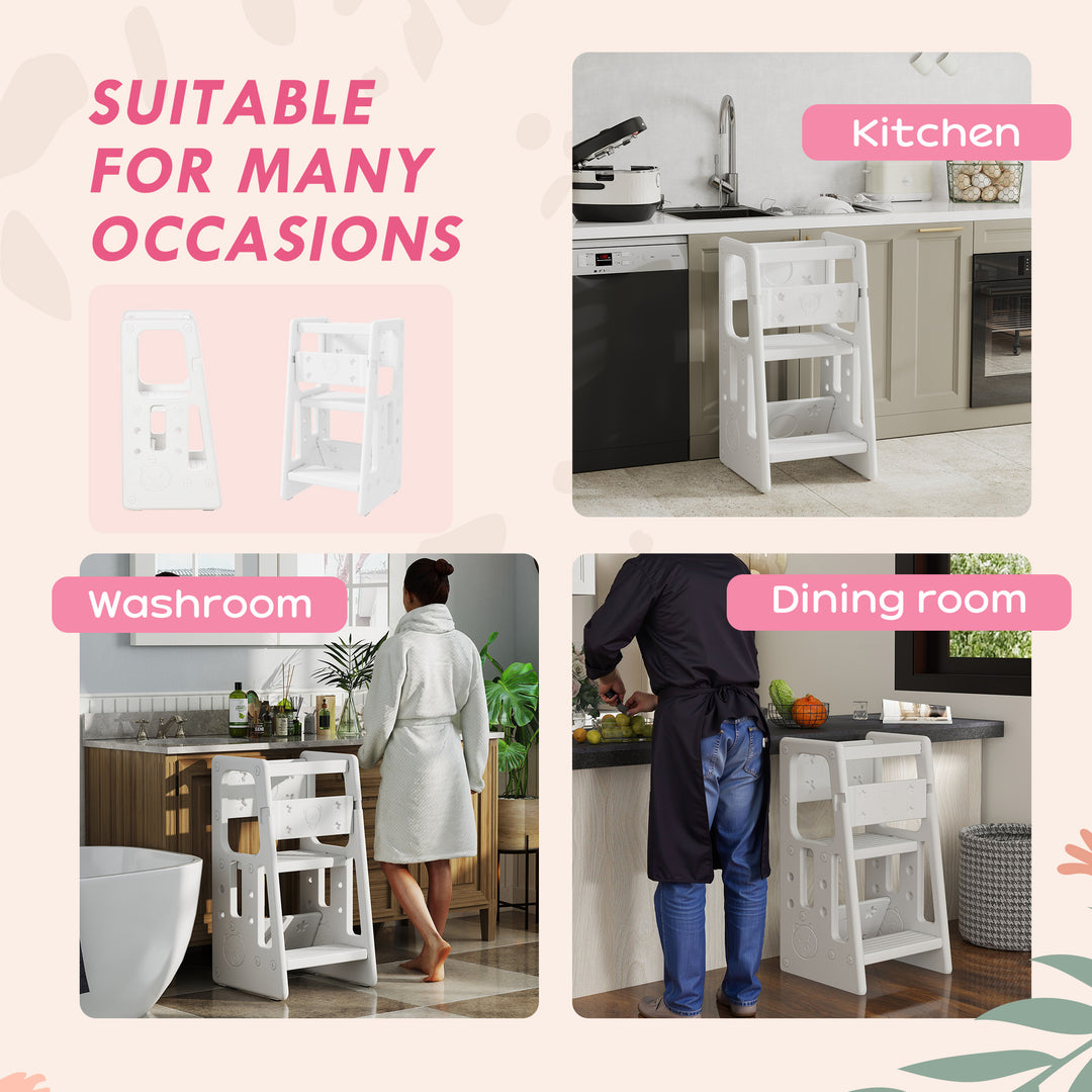 Kids Step Stool, Adjustable Standing Platform, Toddler Kitchen Stool, White