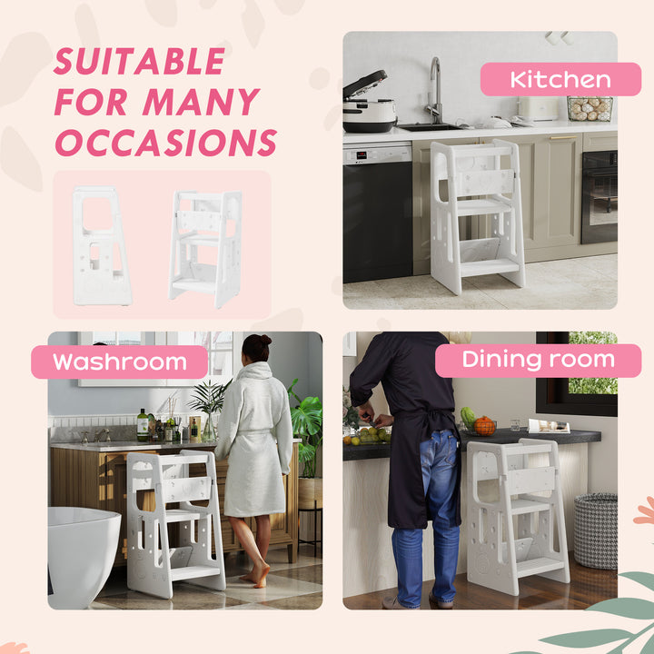 Kids Step Stool, Adjustable Standing Platform, Toddler Kitchen Stool, White
