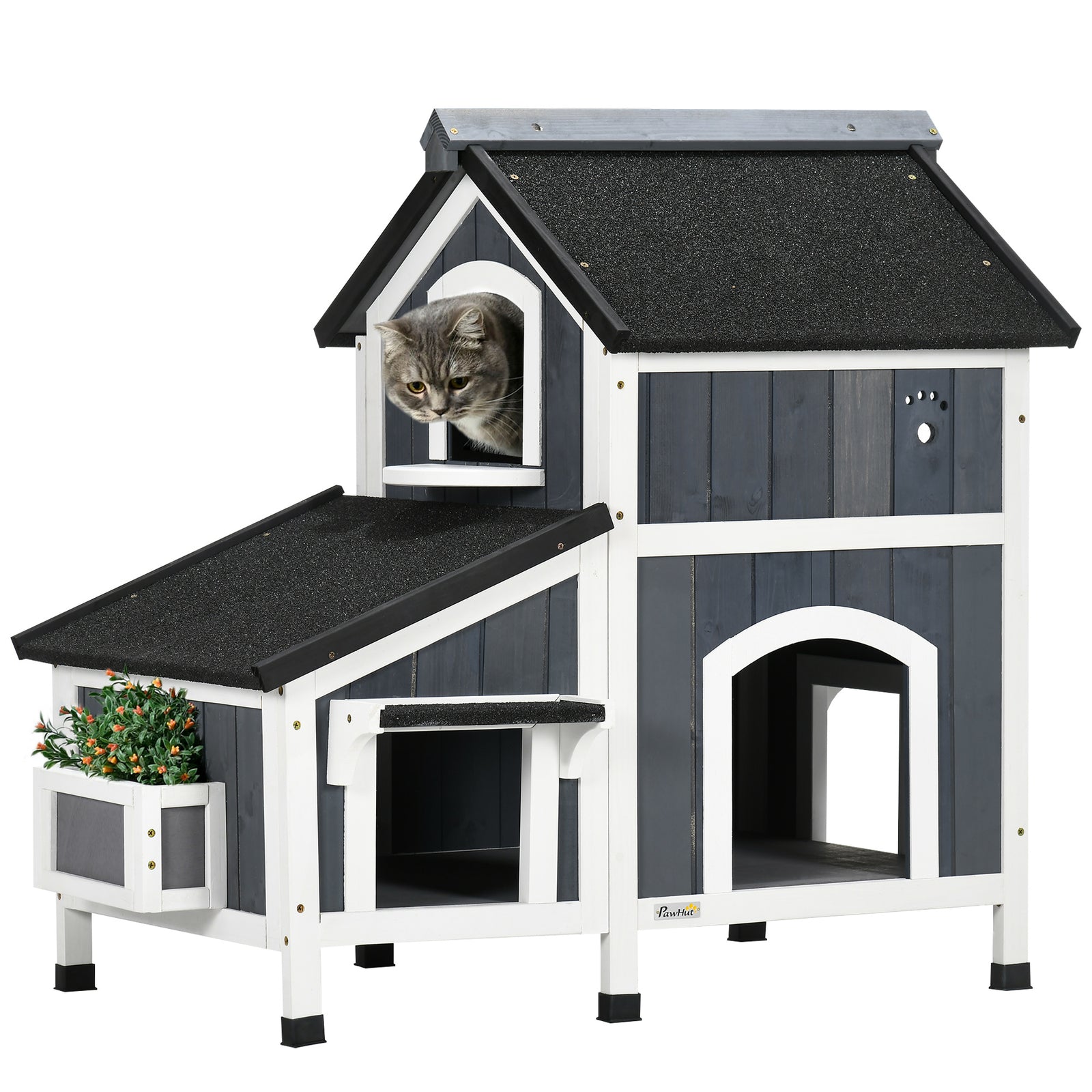 Wooden Cat House with Flower Pot, Windows, Multiple Entrances, Water-Resistant Roof for Outdoor - Grey