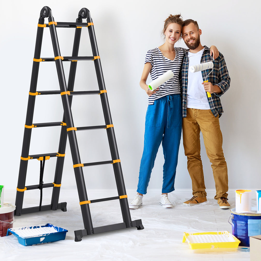 HOMCOM 3.8M Duo Aluminium Ladder w/ Tool Holder Herringbone Deployed Extendable DIY w/ 12 Non-Slip Steps, Yellow