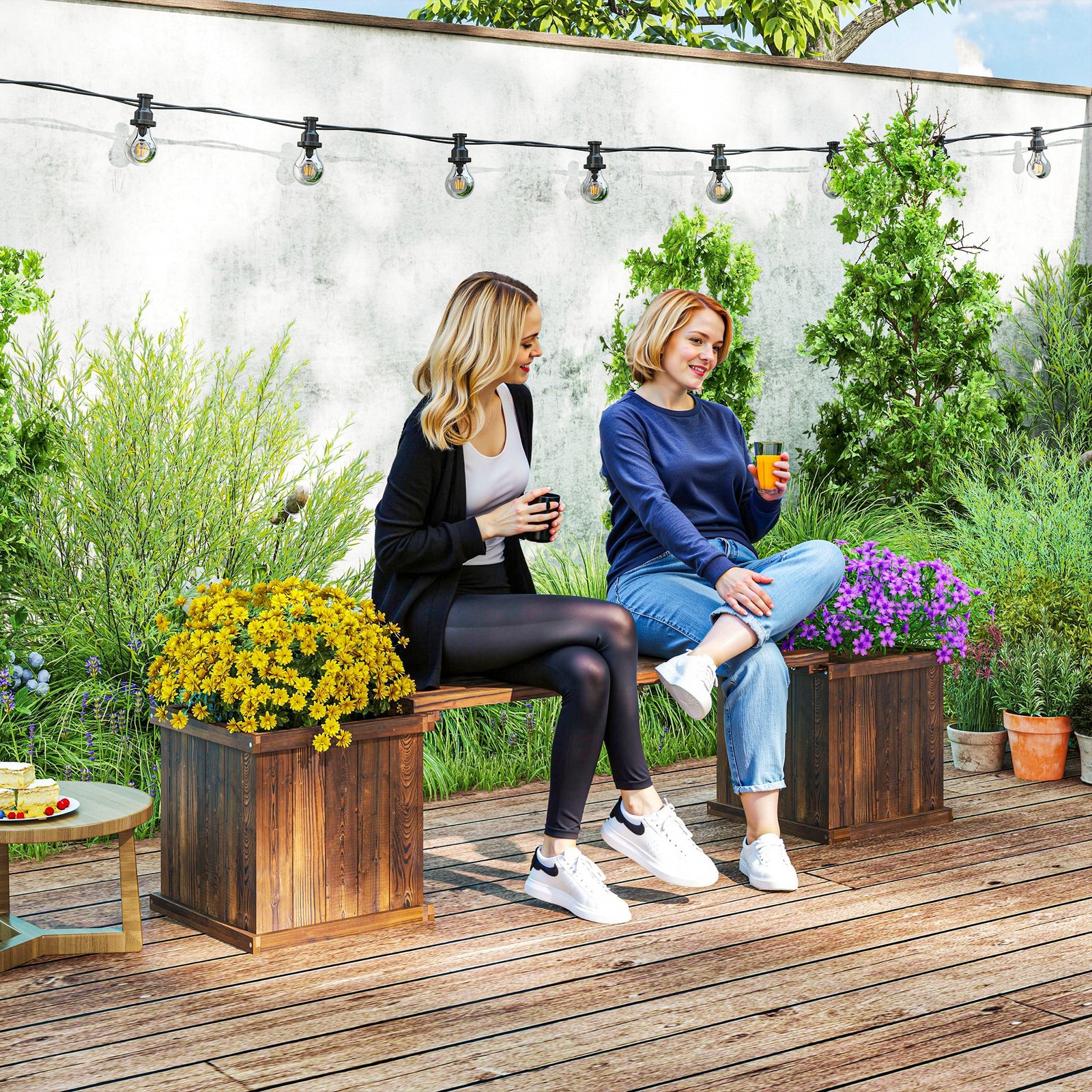 Wooden Garden Planter & Bench Combination Garden Raised Bed Patio Park