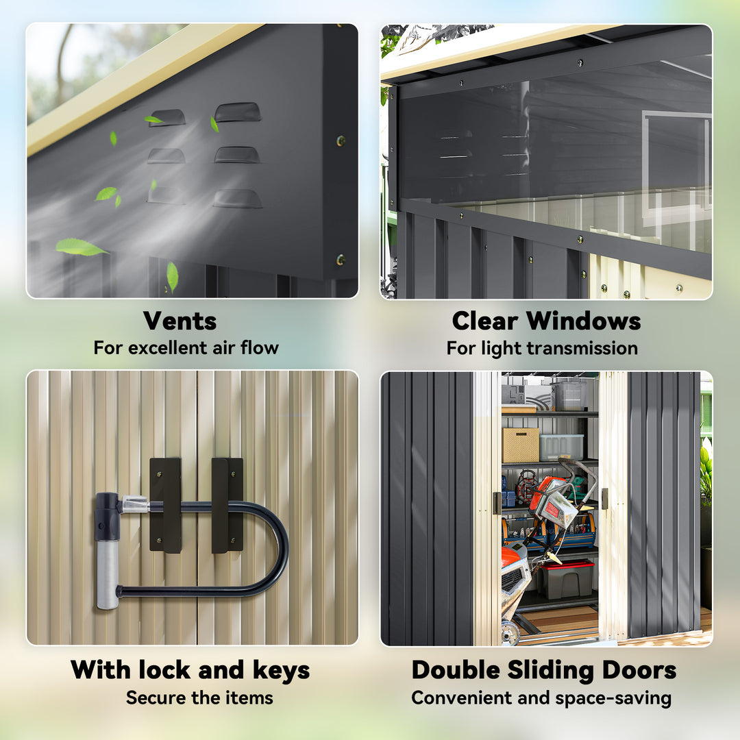 6.5 x 4FT Galvanised Metal Shed with Foundation Kit, Lockable Tool Garden Shed with Double Sliding Doors, Vents, Grey
