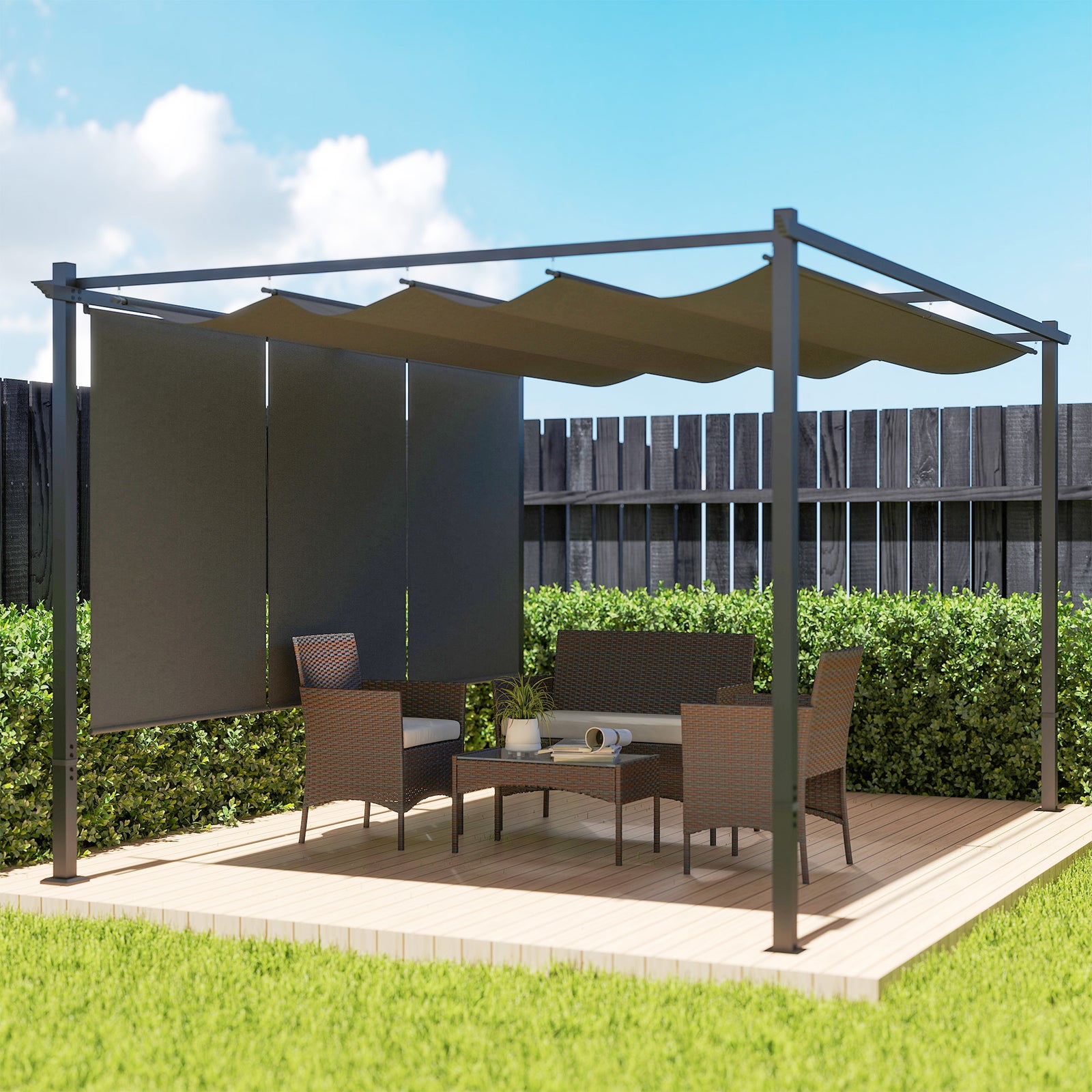 3 x 4m Metal Pergola with Retractable Roof and Roller Shade, Wall-Mounted or Free Standing Garden Gazebo Canopy Pergola Kit, UPF30+ Outdoor Sun Shade Shelter, Grey