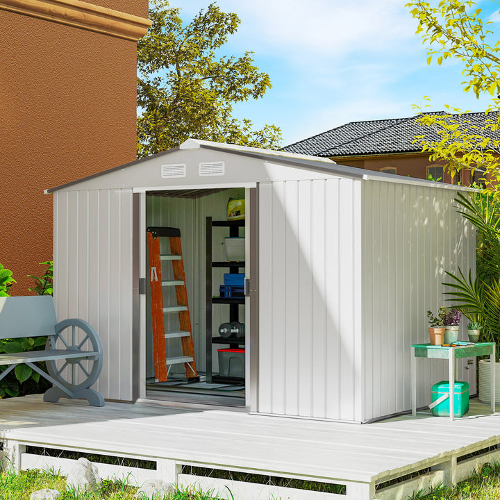 MCL Metal Bike Shed, Mobility Scooter Shed House with Foundation Kit, Ventilation, Doors, 9 x 6FT, Silver