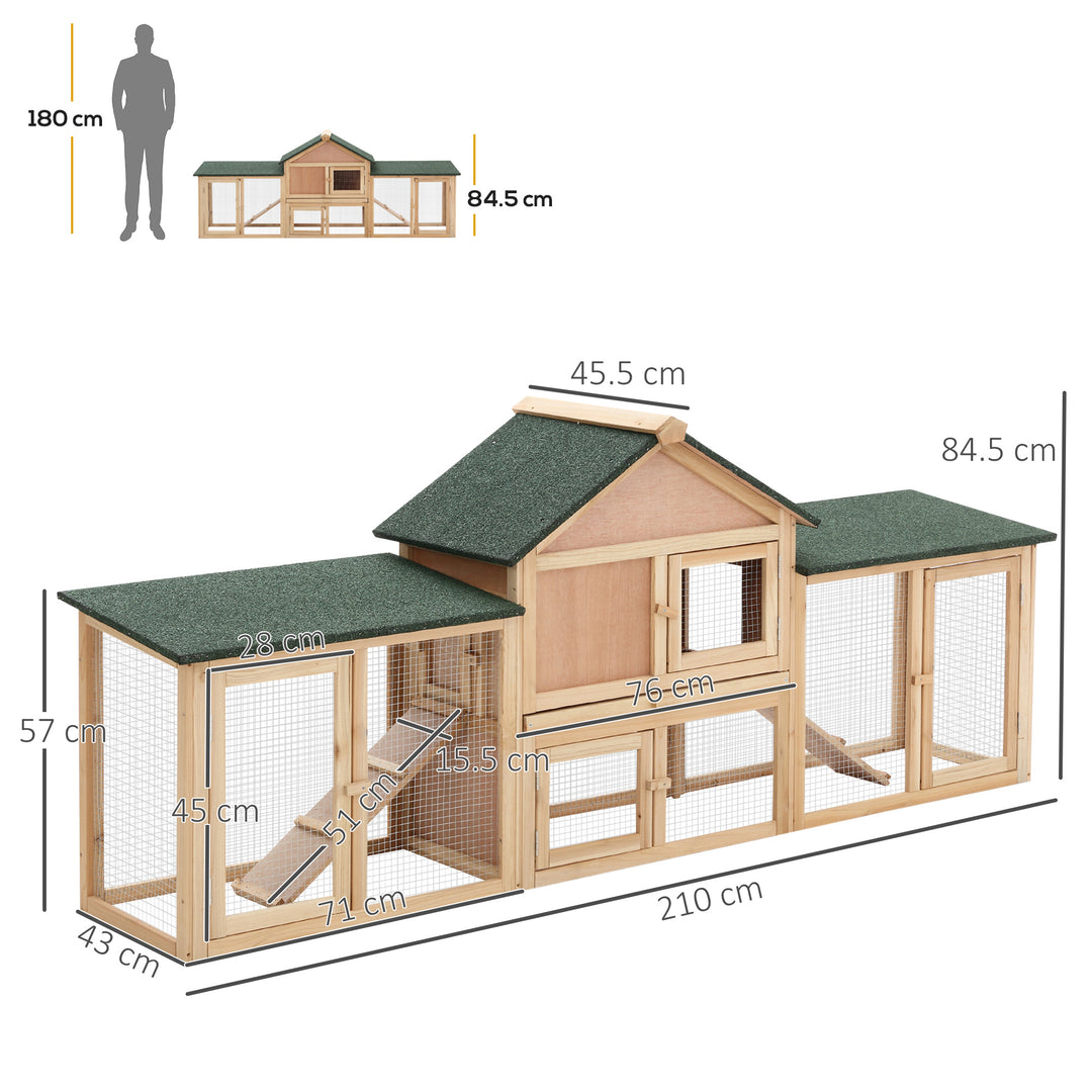 PawHut Deluxe Two-Storey Wooden Bunny Rabbit Hutch, Guinea Pig Hutch, w/ Ladder Outdoor Run Box Slide-out Tray 210 x 45.5 x 84.5 cm