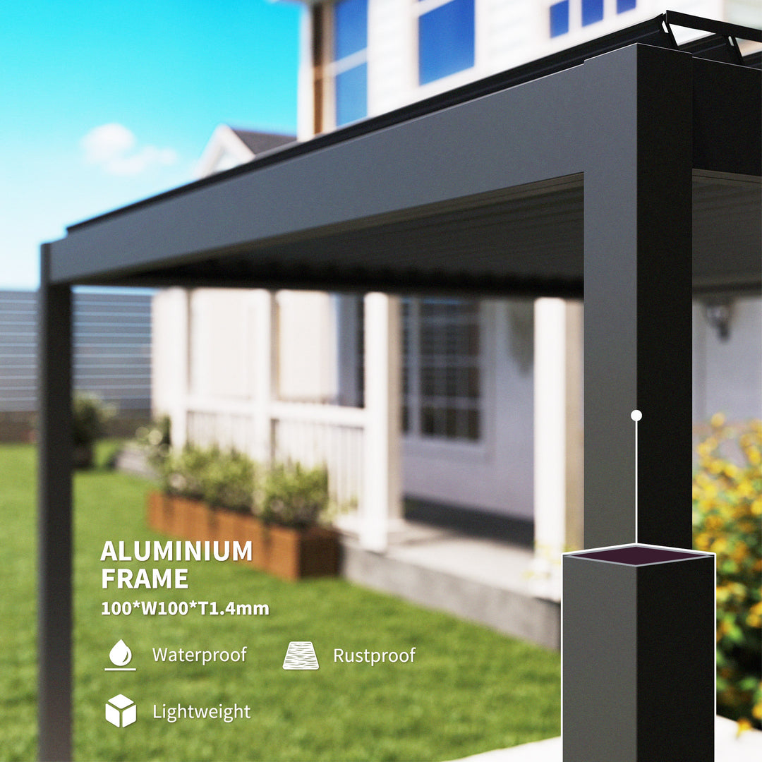 3 x 3(m) Electric Louvered Pergola with LED Lights, Aluminium Pergola Hardtop Gazebo with Remote, Adjustable Roof and Drainage System, Water and UV Proof