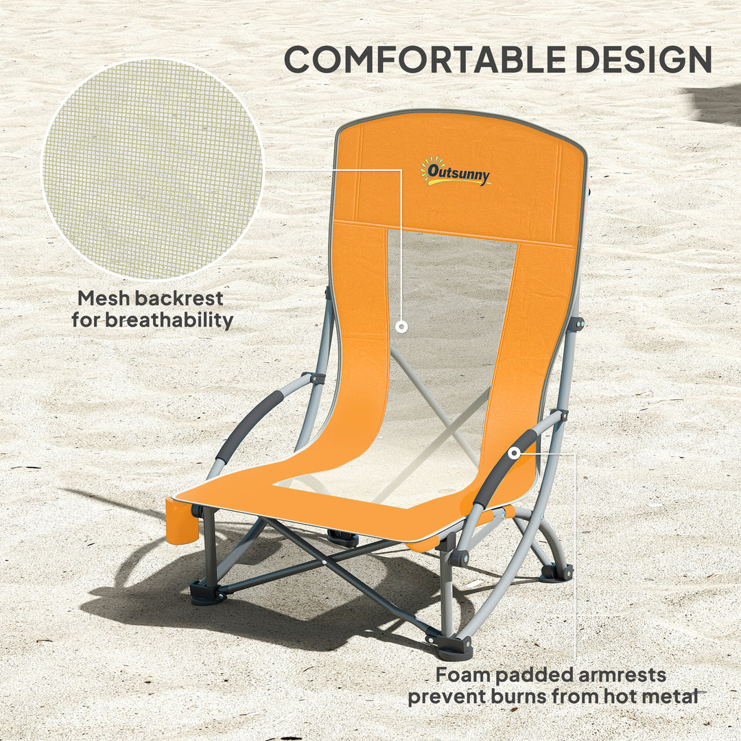 Set of 2 Folding Beach Chair, Low Camping Chair with Mesh Back, Carry Bag and Cup Holder for Garden Outdoor Picnic Festival Travel, Orange
