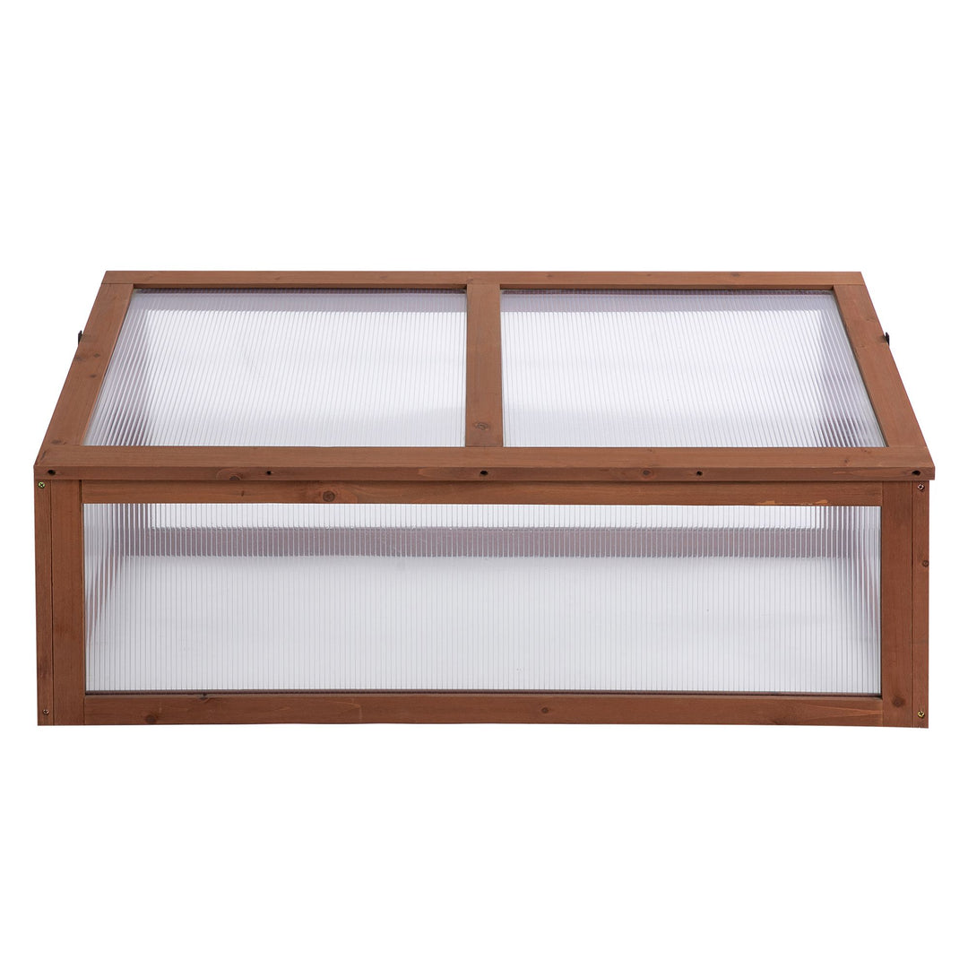 Wooden Cold Frame, Small Polycarbonate Greenhouse for Plants with Openable & Tilted Top Cover, Brown, 100 x 65 x 40cm
