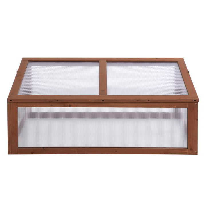 Wooden Cold Frame, Small Polycarbonate Greenhouse for Plants with Openable & Tilted Top Cover, Brown, 100 x 65 x 40cm