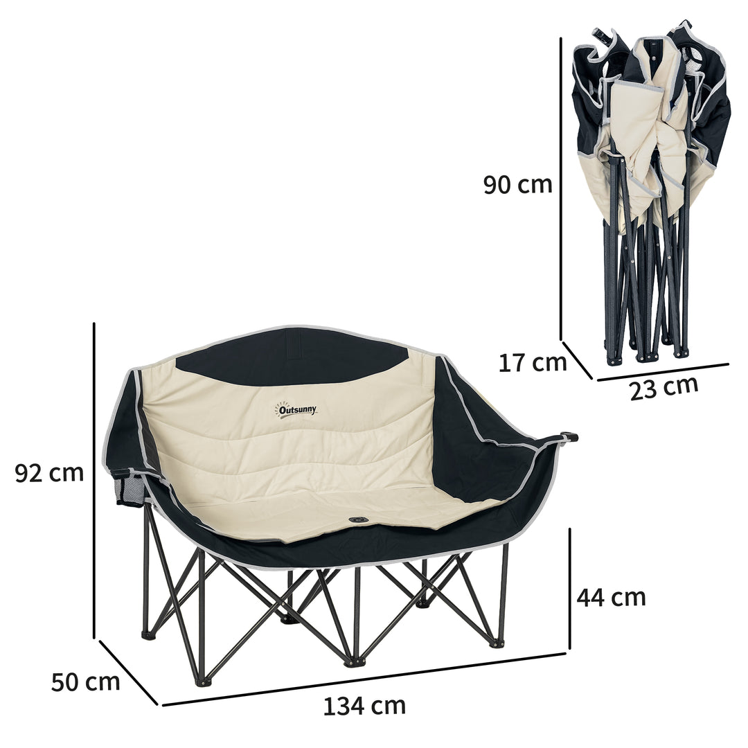 Double Camping Chair for Adults, Oversized Heavy Duty Padded Folding Chair with Armrests, Cup Holders and Carry Bag for Outdoor Camping Hiking Picnic Fishing, 250kg Capacity, Khaki
