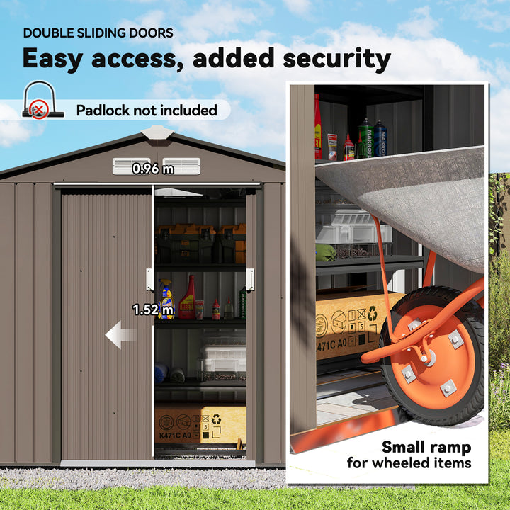 7 x 4ft Metal Garden Shed, Outdoor Storage Tool House with Ventilation Slots, Foundation Kit and Lockable Double Doors, Brown