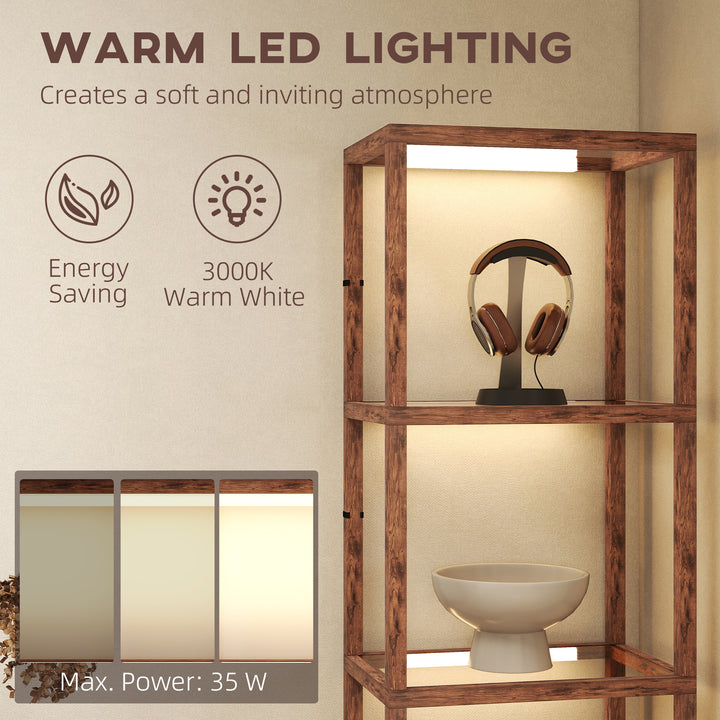 LED Floor Lamp with Glass Shelves, 4 Layers Dimmable Tall Standing Lamp, Modern Column Shelf Floor Light for Living Room, Bedroom, Office, Rustic Brown