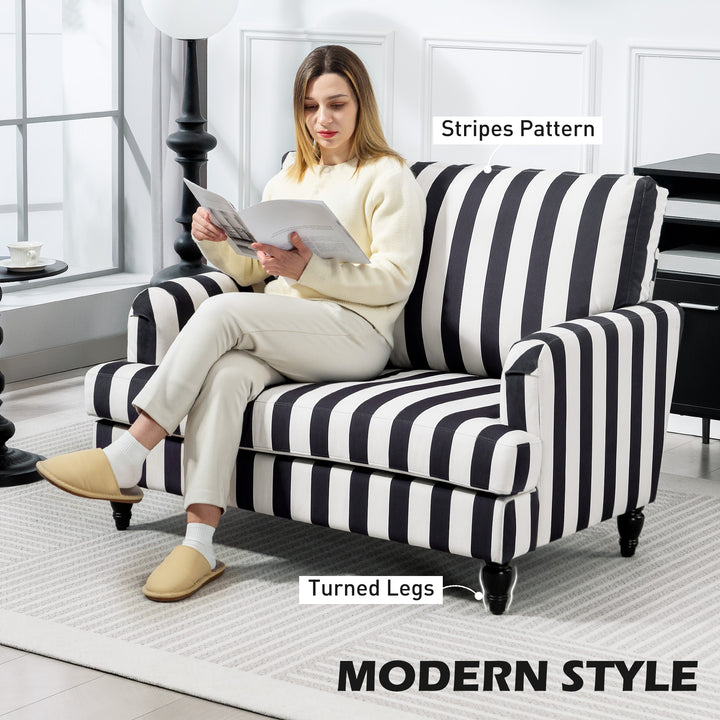 Modern Cuddle Chair, Velvet Single Sofa Armchair with Stripe, Turned Legs and Wide Seat, Upholstered Snuggle Chair for Living Room, Bedroom, Black and White