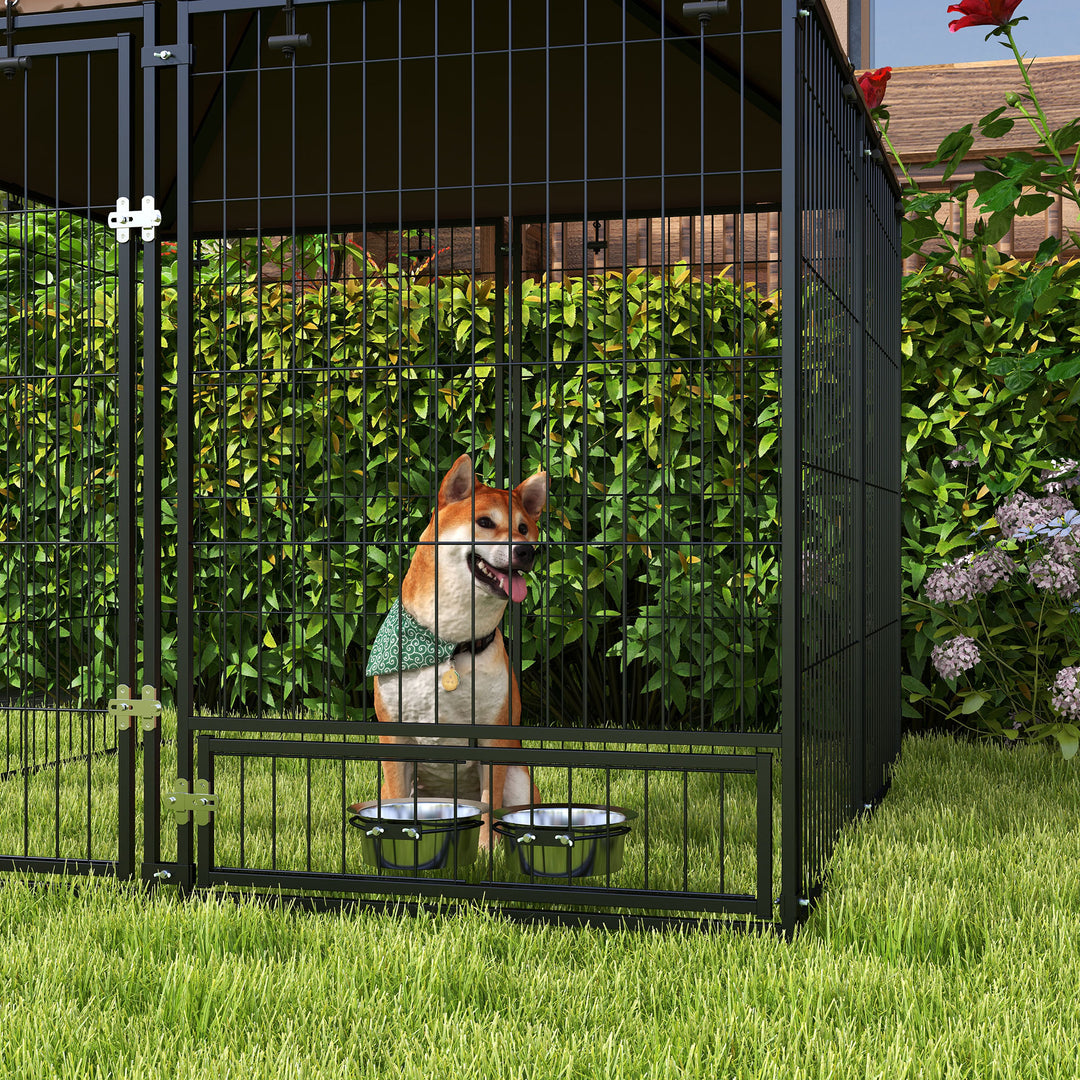 PawHut Outdoor Dog Kennel Puppy Play Pen with Canopy Garden Playpen Fence Crate Enclosure Cage Rotating Bowl 141 x 141 x 151 cm