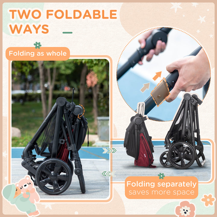 Foldable Baby Stoller, with Reclining Backrest, Adjustable Canopy, for Ages 0-36 Months - Red