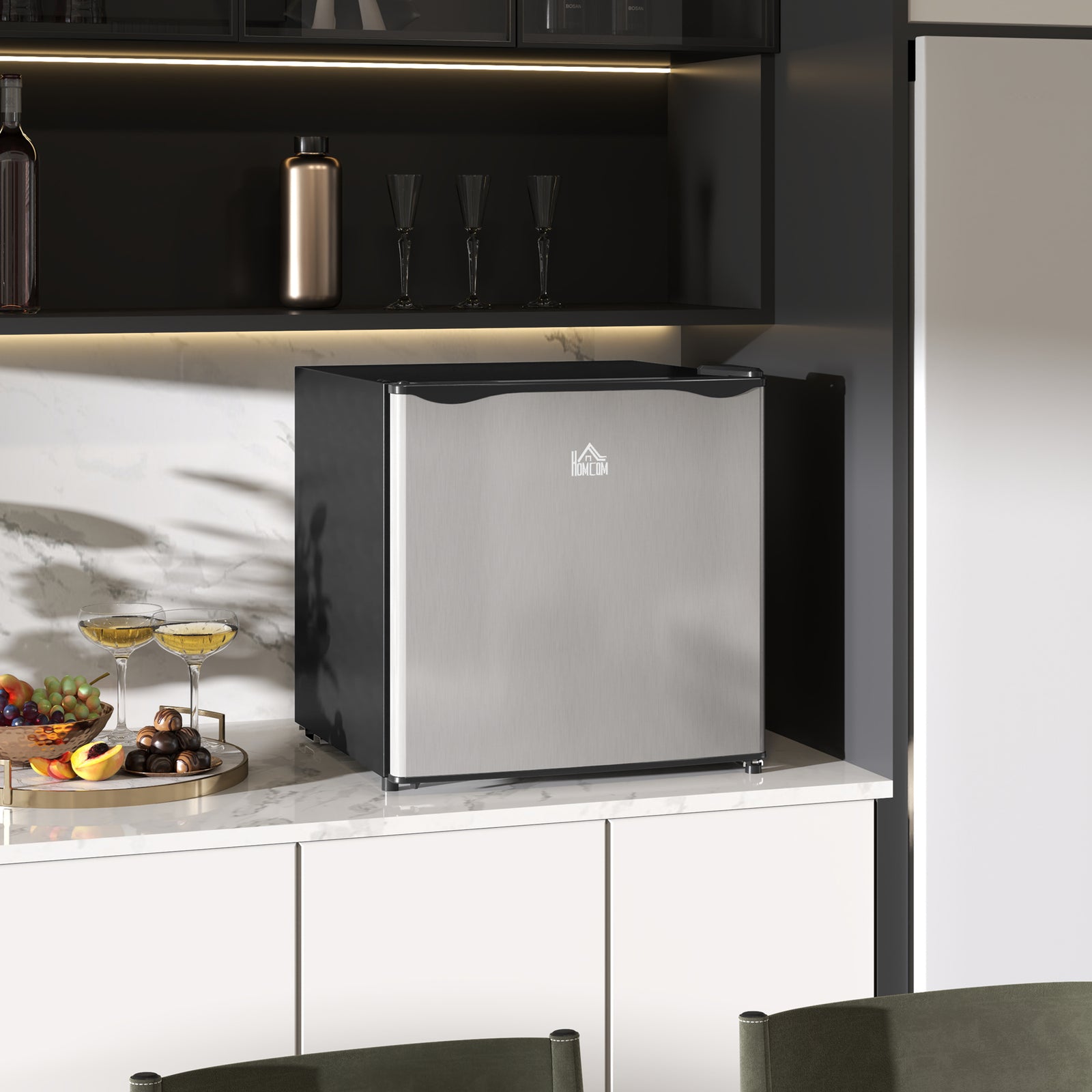 46 Litre Table Top Mini Fridge, Small Fridge with Ice Box, Reversible Door, Adjustable Temperature and Legs for Bedrooms, Home Office, Silver Tone