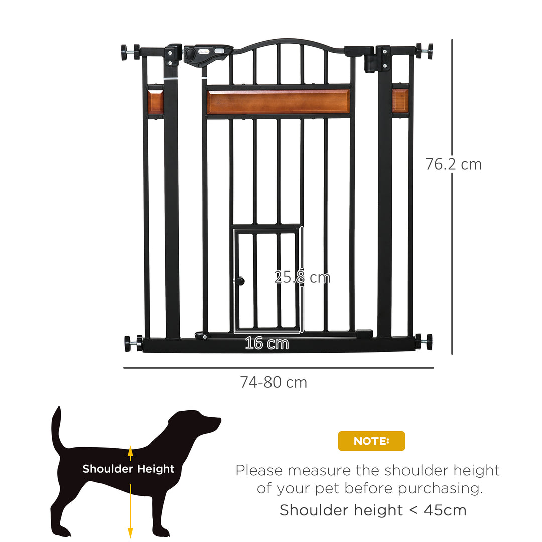 Pet Gate Safety Gate, with Cat Flap, Auto Close, for Staircases, Doorways, Hallways, 74-80cm Wide - Black