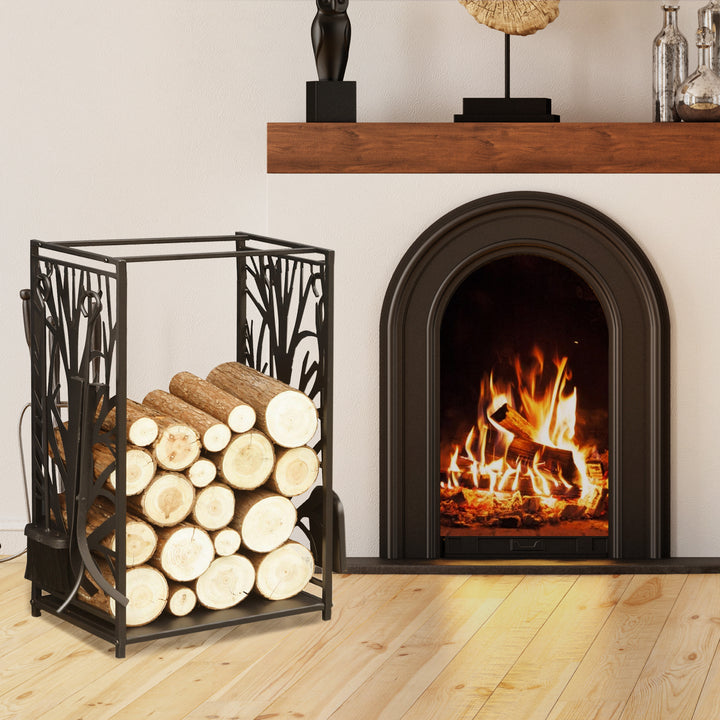 Steel Firewood Log Holder Indoor Outdoor Firewood Rack Fireplace Wood Storage Shelf with 4 Tools, Hooks, Tree Pattern Design, Rust-Resistant, Black, 46W x 30D x 70H cm