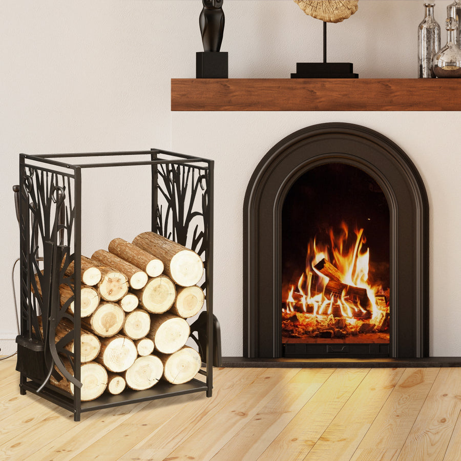 Steel Firewood Log Holder Indoor Outdoor Firewood Rack Fireplace Wood Storage Shelf with 4 Tools, Hooks, Tree Pattern Design, Rust-Resistant, Black, 46W x 30D x 70H cm