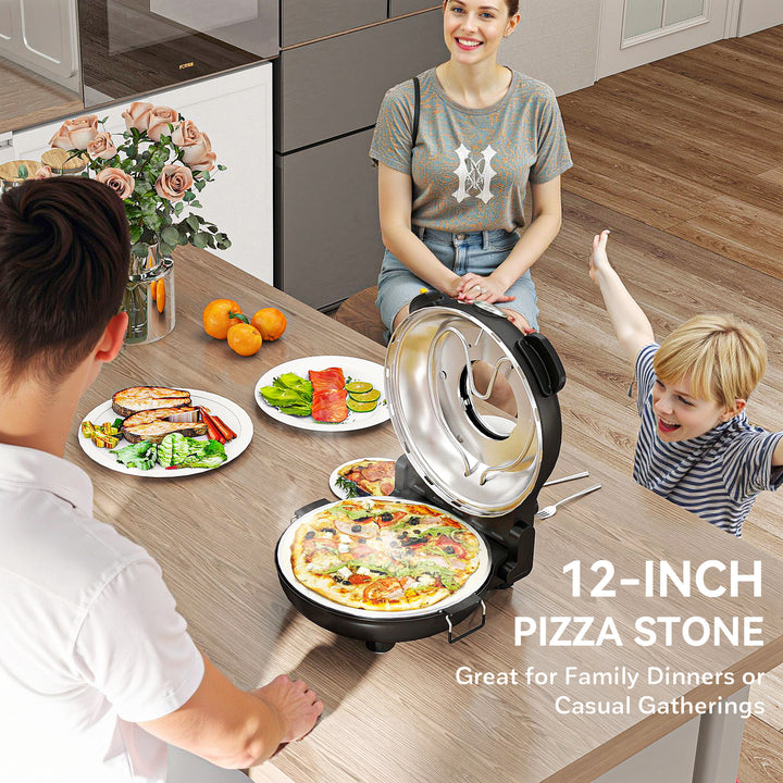 1200W Pizza Oven, 12 Inch Electric Pizza Maker with Viewing Window, Dual Knob Temp & Timer Control, Overheat Protection, Black