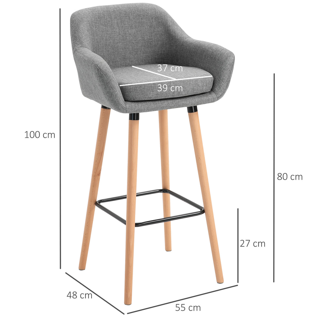 HOMCOM 2pcs Bar Chair, Wooden Counter Bar Stool with Linen Upholstery, Wood Legs, for Living Room Dining Room, Grey | Aosom UK