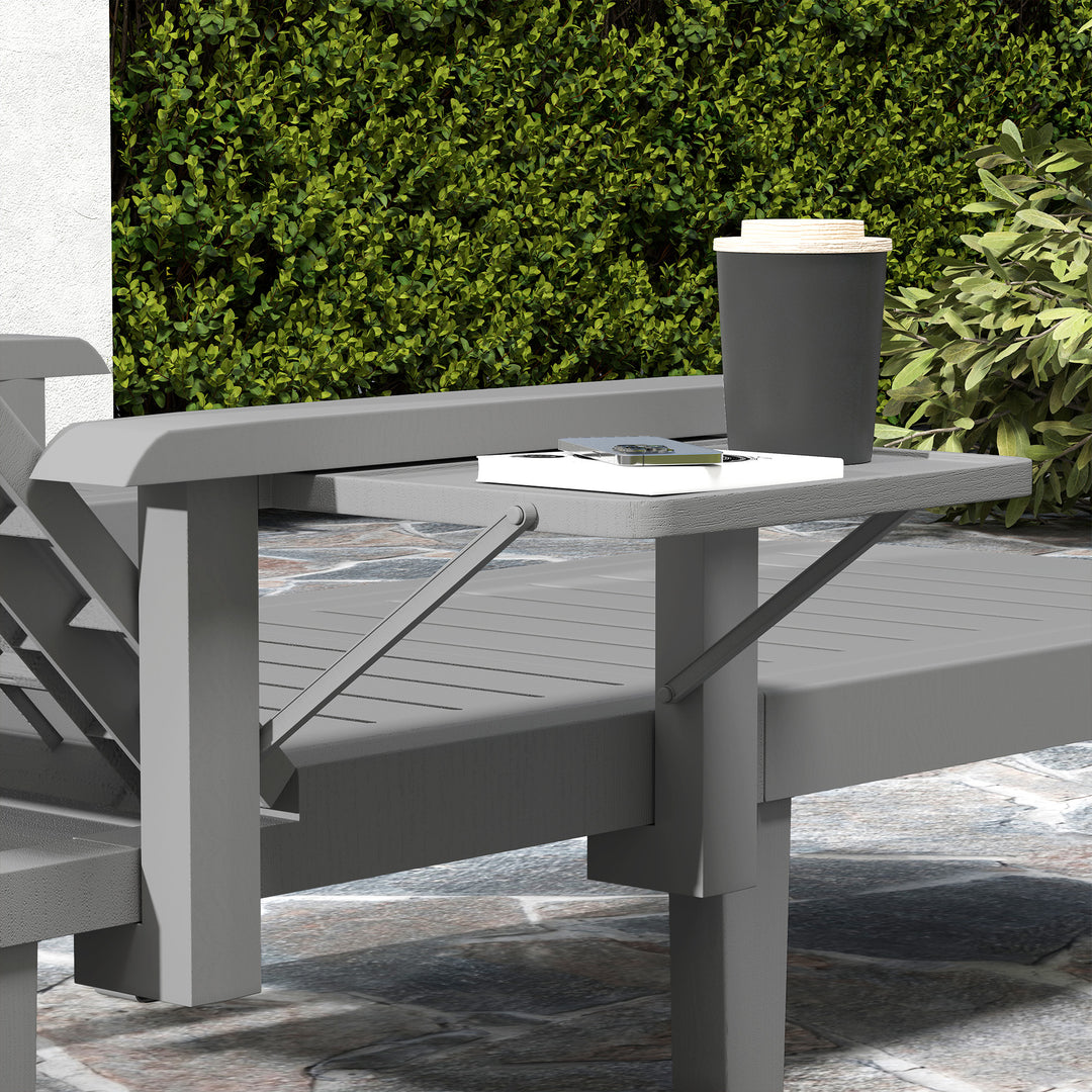 Set of 2 Resin Reclining Sun Loungers for Garden, 5 Positions Adjustable Outdoor Chaise Lounge Chairs with Wood Texture Surface, Armrests, Foldable Side Table for Garden, Beach, Dark Grey