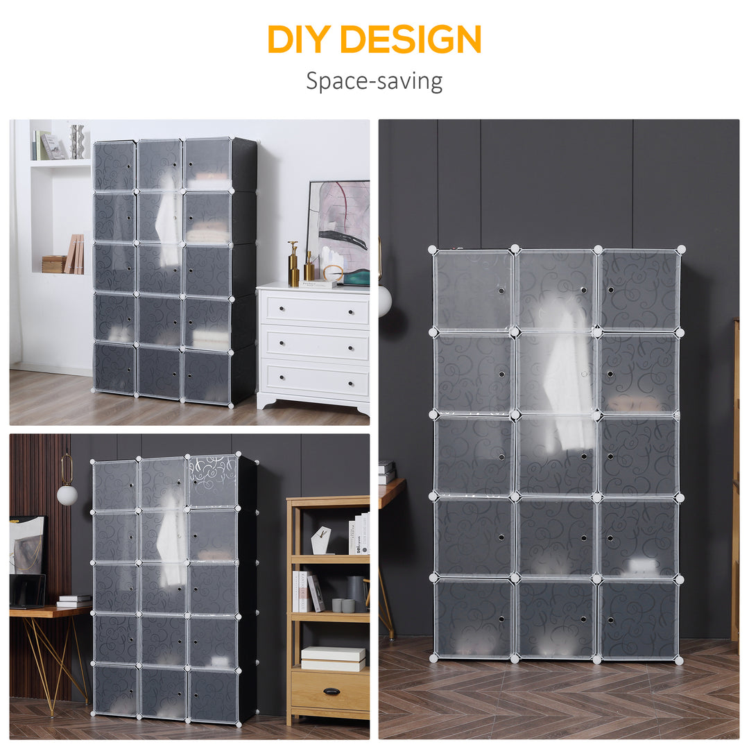 MCL Portable Wardrobe for Bedroom, 15 Cube Closet with Hanging Rail, Modular Storage Cabinet, Plastic Armoire for Space Saving, White and Black