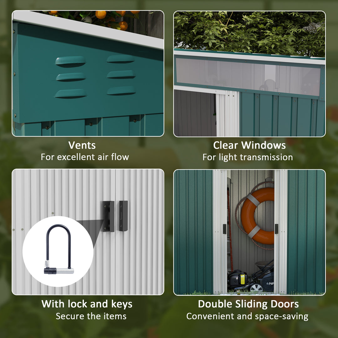 6.5 x 4FT Galvanised Metal Shed with Foundation Kit, Lockable Tool Garden Shed with Double Sliding Doors, Vents, Green