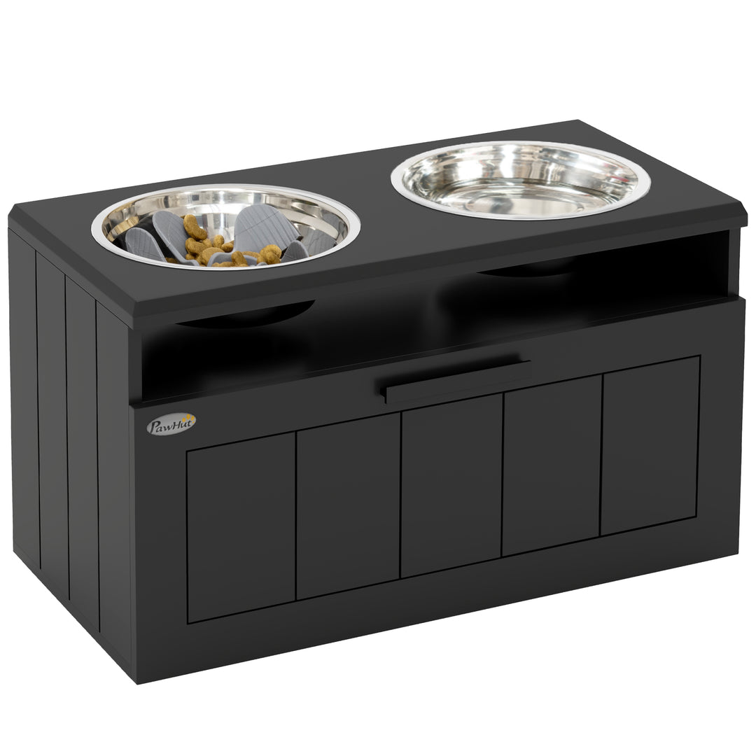 Raised Dog Bowl with Slow Feeder, Two Stainless Steel Dog Bowls, Drawer, for Large and Extra Large Dogs, Black