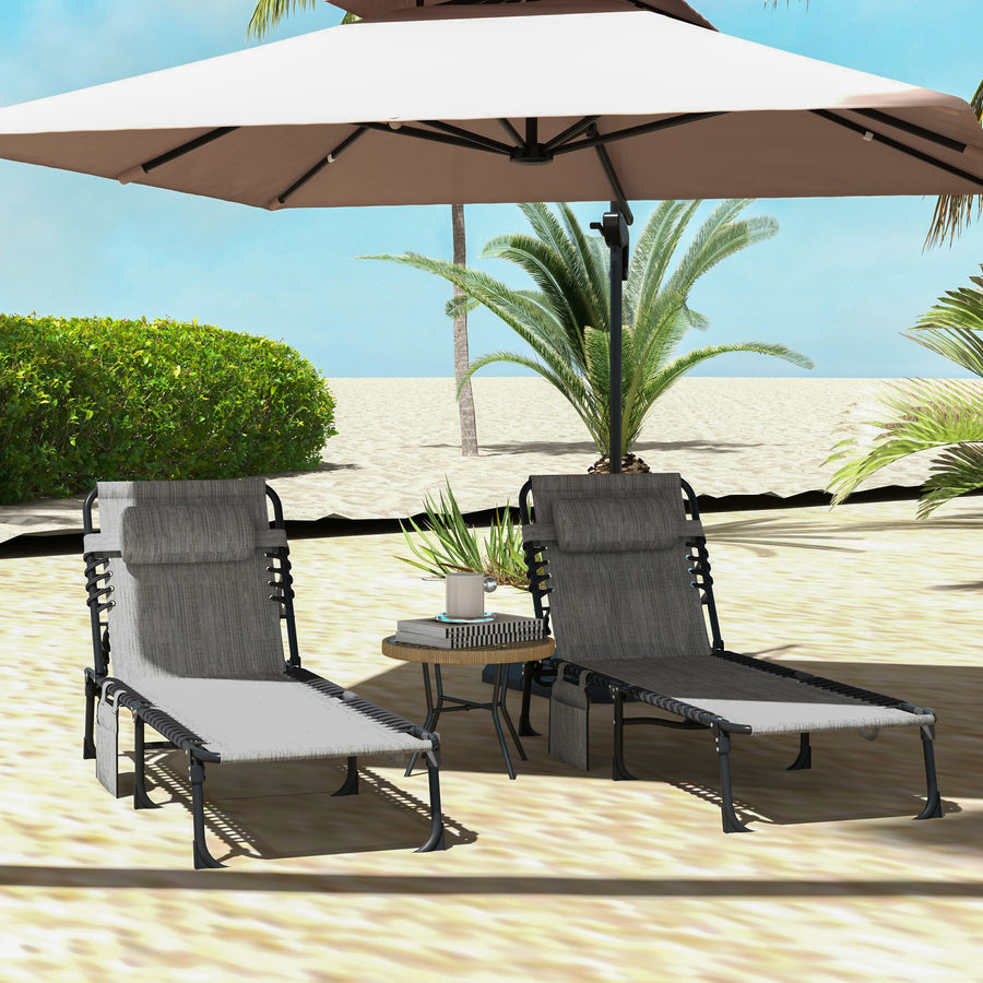 Portable Sun Lounger Set of 2, Folding Camping Bed Cot, Reclining Lounge Chair 5-position Adjustable Backrest with Side Pocket, Pillow for Patio Garden Beach Pool, Mixed Grey