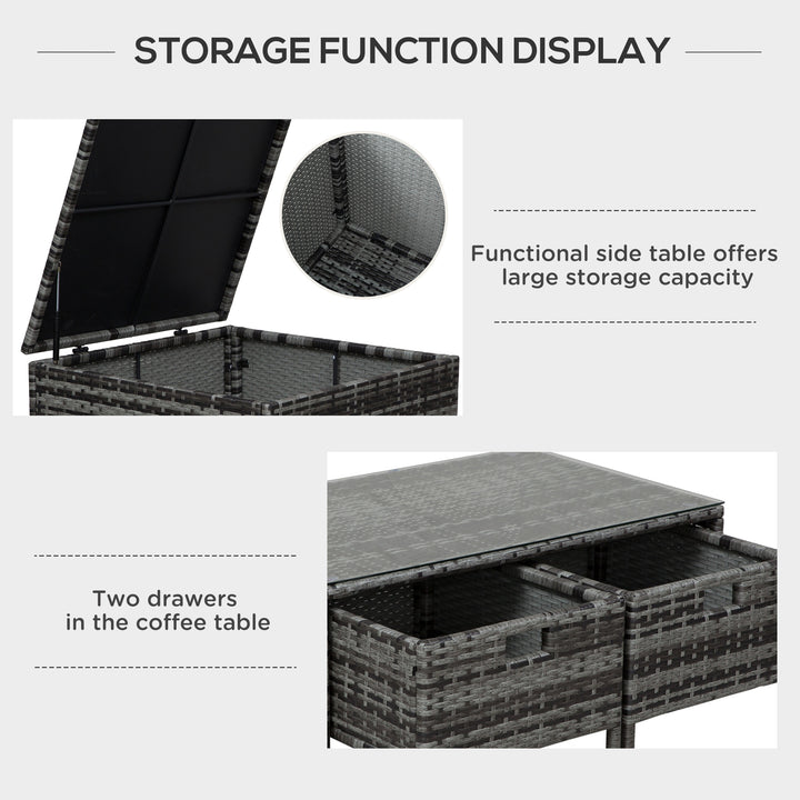 Outsunny 4-Seater Rattan Wicker Garden Furniture Patio Sofa Storage & Table Set w/ 2 Drawers Coffee Table, Cushioned 4 Seats Corner Sofa | Aosom UK