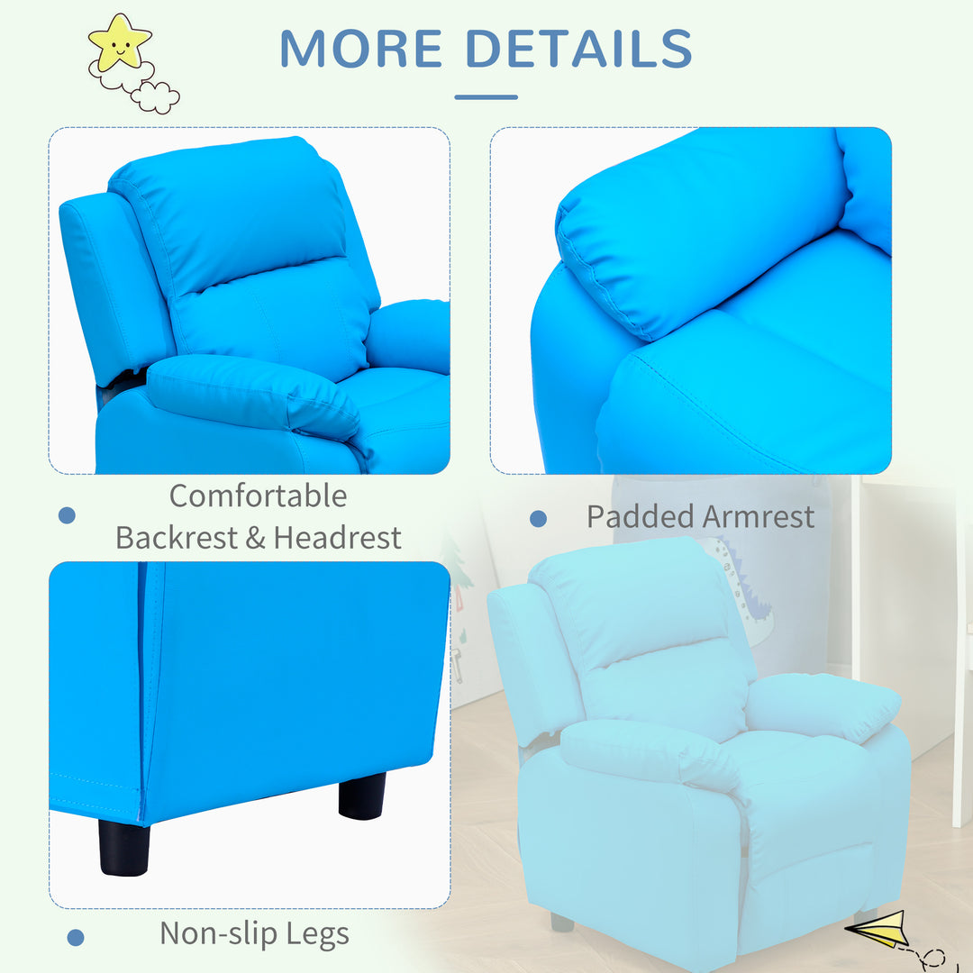 HOMCOM Children's Recliner Armchair, Kids Lounger Sofa Chair with Storage Arms, PU Leather Look, Games Seat, Blue | Aosom UK