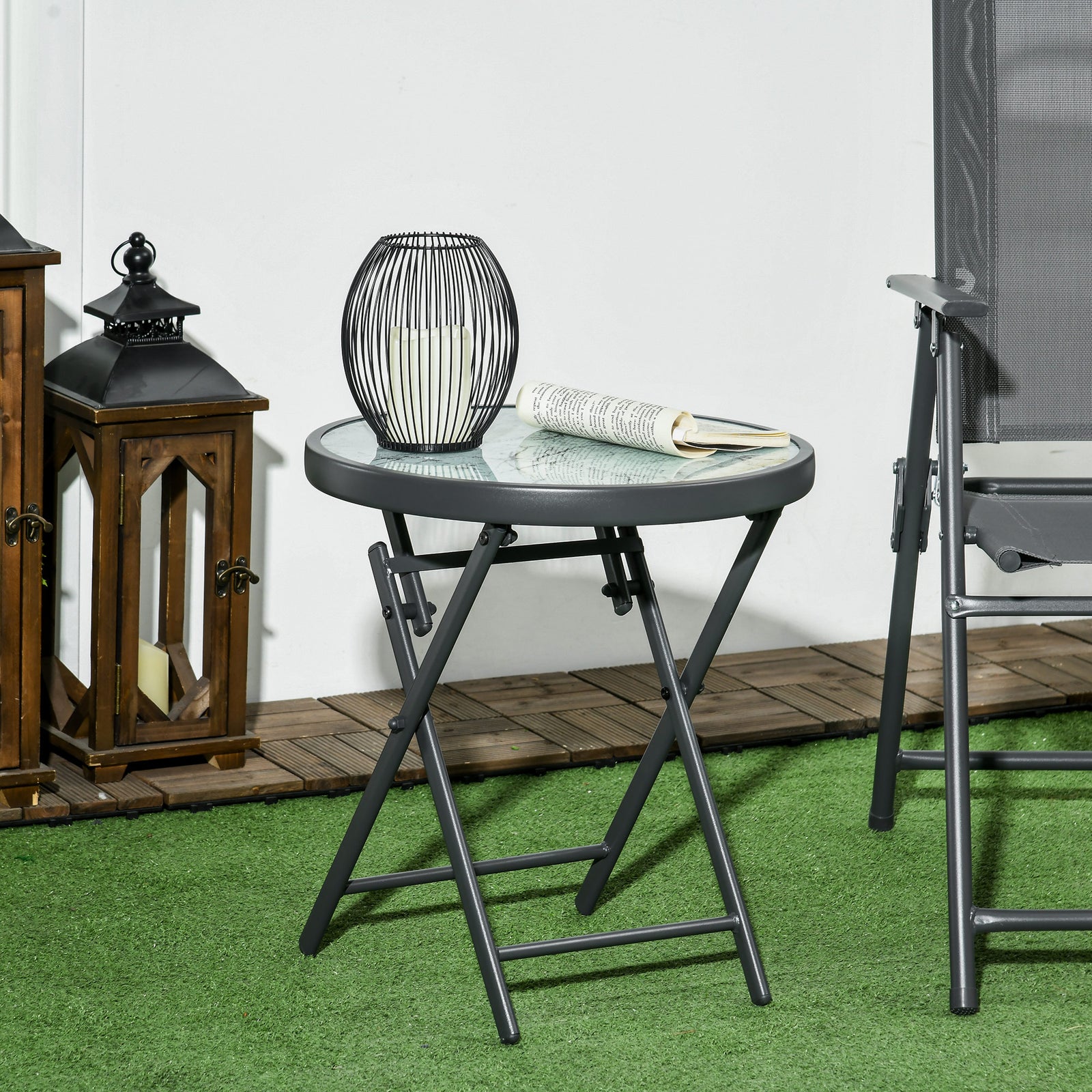 Φ45cm Garden Side Table, Outdoor Round Folding Patio Table with Imitation Marble Glass Top, Small Coffee Table, White