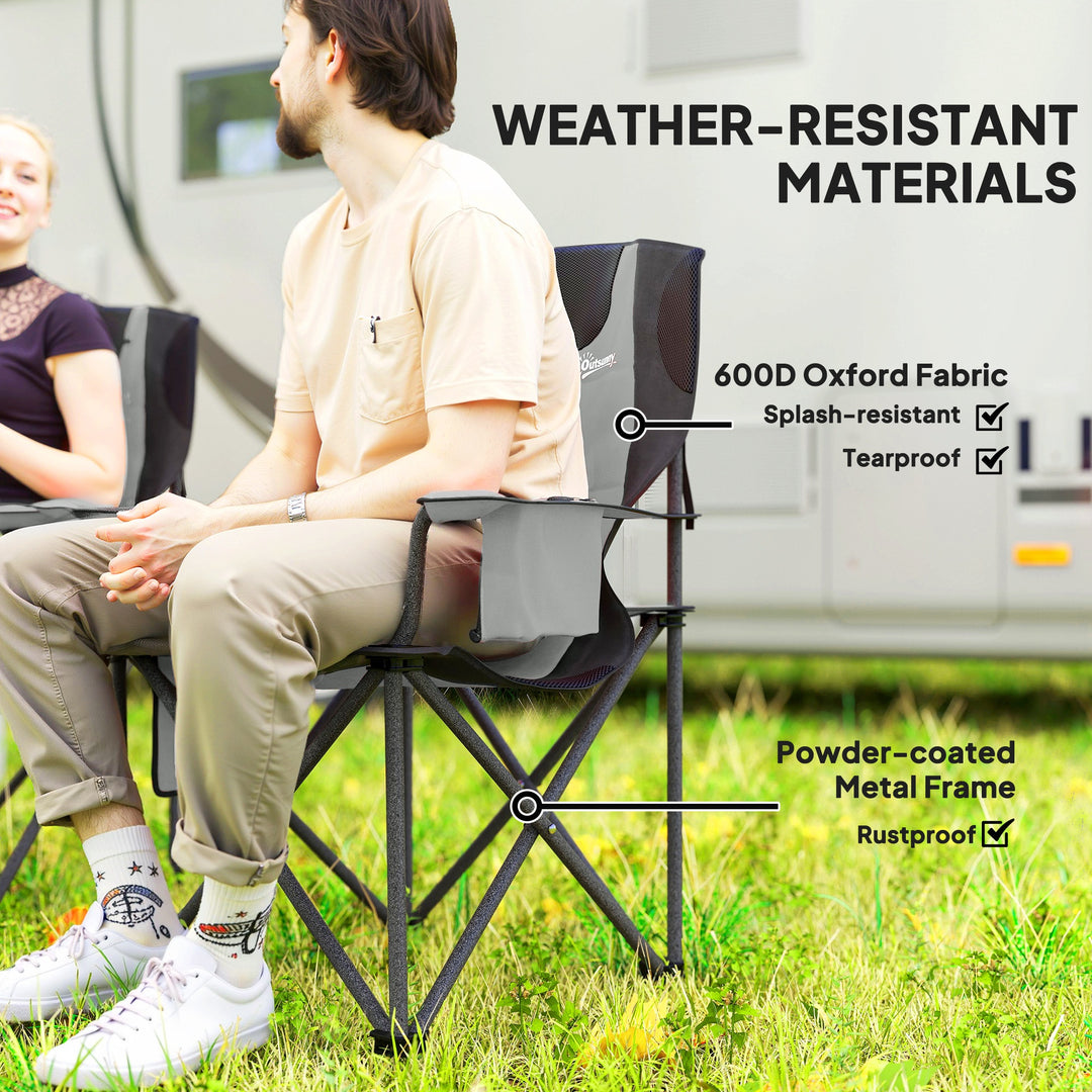 Set of 2 Folding Camping Chairs, Padded Camping Chairs with Adjustable Armrests, Portable & Lightweight Folding Camp Chair with Cooler Bag, Cup Holder and Side Pockets, Grey